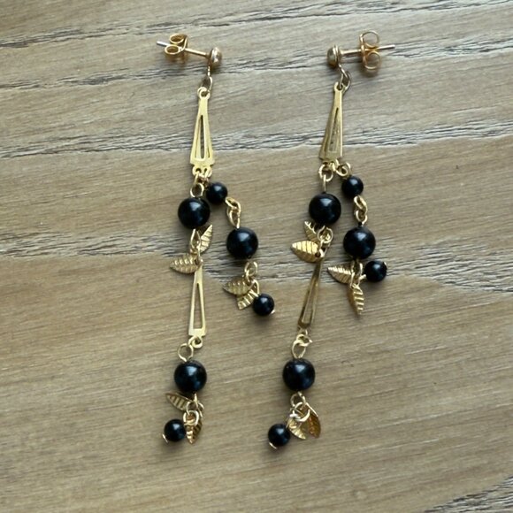 Vintage Gold & Black Beaded Dangle Earrings With Leaf Accents - Picture 1 of 7